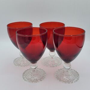 Set Of 4 Vintage Anchor Hocking Ruby Red Bubble Foot Wine Glasses Valentines Day